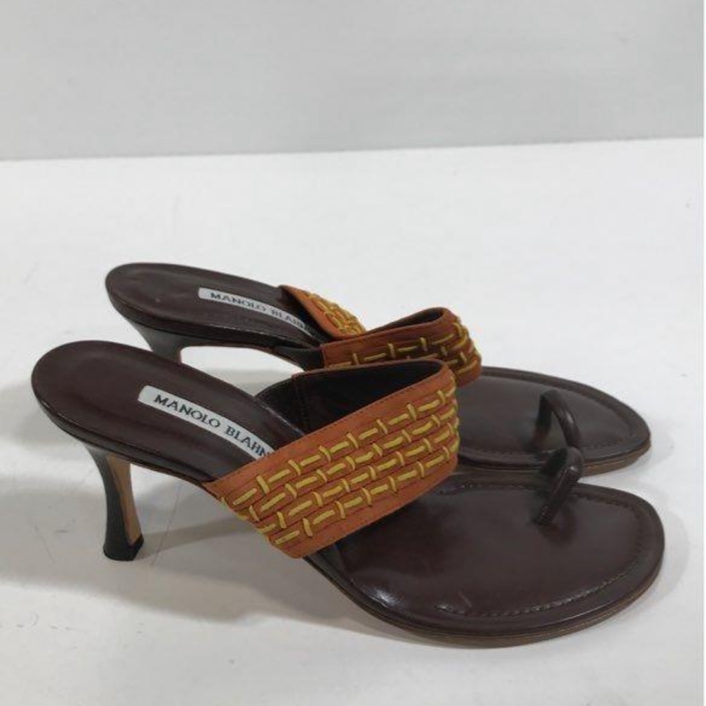 New!! Manolo Blahnik Telo Brown/Orange Leather Women's Toe Ring Sandals Size 37